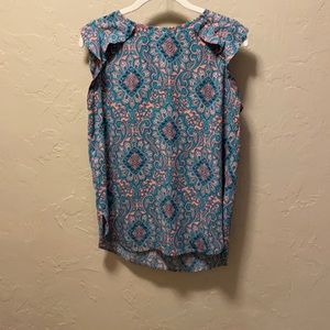 Loft Pink and Blue Patterned Ruffled Top - XS